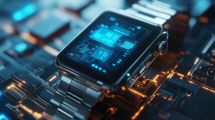 Fototapeta premium Futuristic Smartwatch on Circuit Board: Detailed 3D Render
