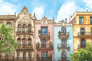 Fototapeta premium Illustration of traditional Barcelona, Spain buildings facades with classic balconies, soft colors, and artistic style