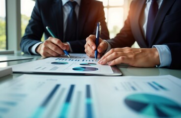 Business leaders review global risk assessments, discuss strategic expansion. Team examines data charts, graphs. Analyze metrics to make investment decisions. Consider business opportunities. Careful