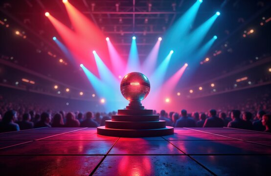 Concert stage design with disco ball. Colorful lights, disco ball shine on stage. Many people in audience. Night ambiance. Entertainment concept. Modern party tech. Energetic event. Design element.