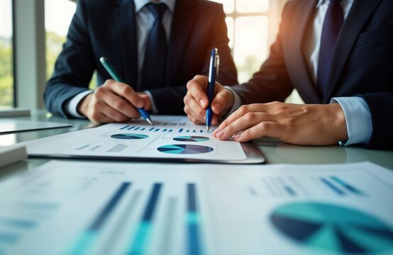 Business leaders review global risk assessments, discuss strategic expansion. Team examines data charts, graphs. Analyze metrics to make investment decisions. Consider business opportunities. Careful