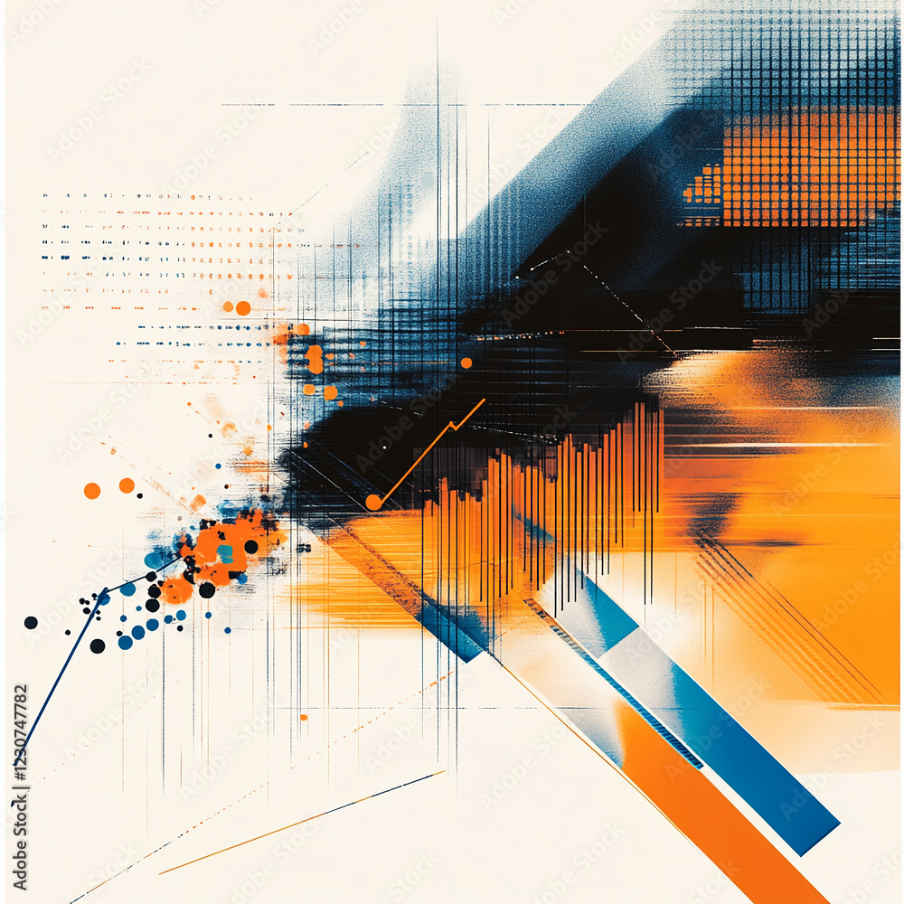 Poster Abstract digital design featuring flowing orange and blue waves, dots, and lines, creating a dynamic visual representation of data, technology, and innovation.