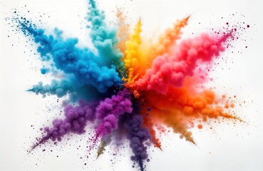 Colorful powder explosion isolated on white background. Vivid hues spread outwards in dynamic display. Abstract design with motion, texture. Burst of colors like rainbow, colorful powder. Looks like