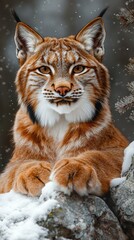 Fototapeta premium A majestic lynx relaxes on a rocky surface covered in snow, showcasing its distinctive fur patterns and sharp gaze. The winter forest atmosphere adds to its serene presence