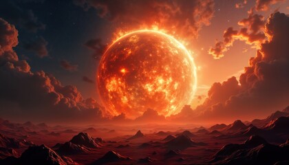 Fiery sun dominates desolate planet. Mountains, reddish landscape below. Clouds form around giant star. Surreal landscape in outer space. Fantastic planet with glowing hot fiery sky. Desolation,
