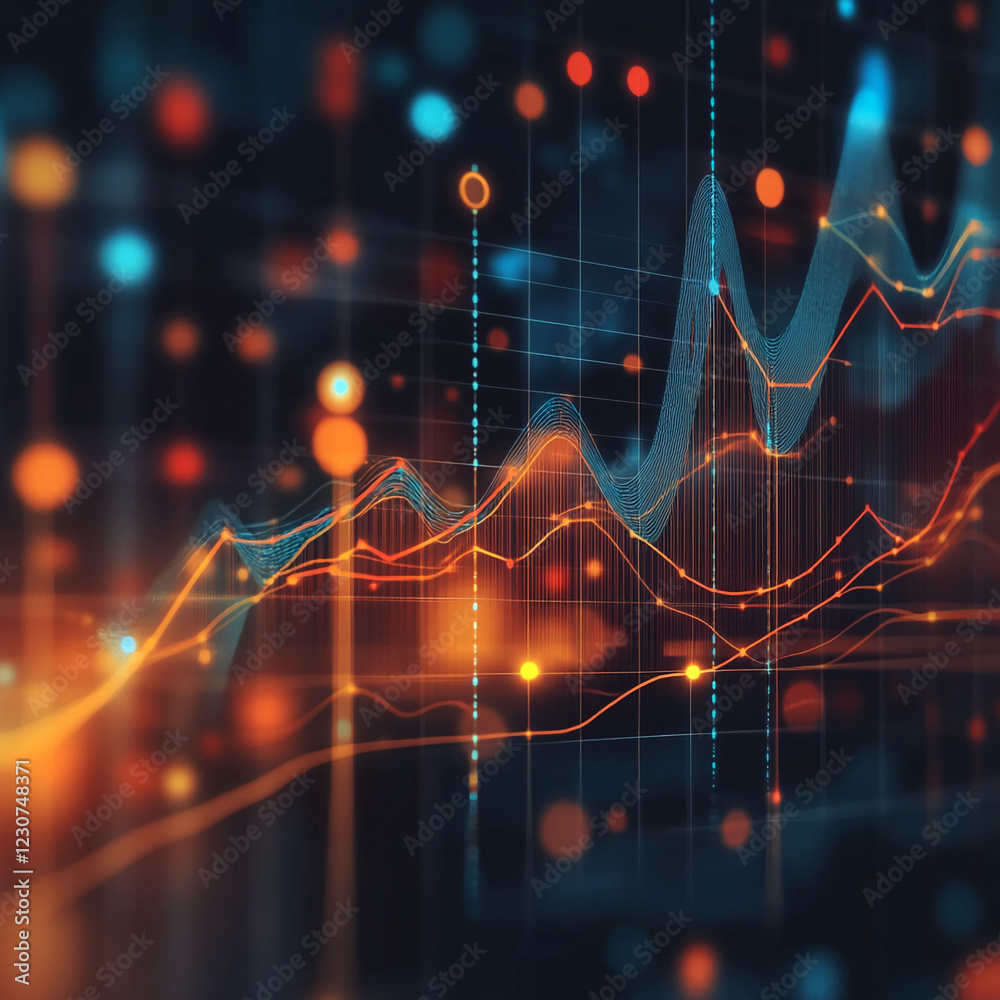 Poster Abstract data visualization showing an upward trend with glowing orange and blue lines and dots, representing progress, growth, and digital innovation in a technological world.