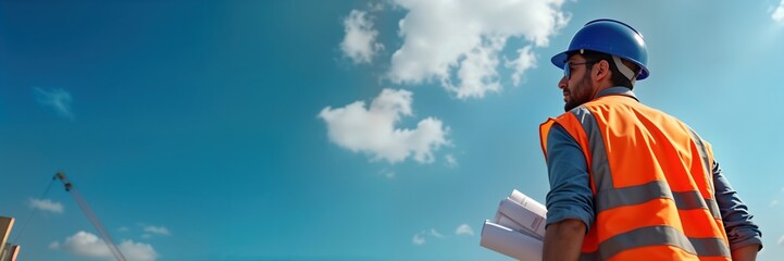 Construction manager outdoors examining construction plans under clear sky. Professional builder with safety vest, hard hat looks at blueprints. Building project in progress. Modern residential