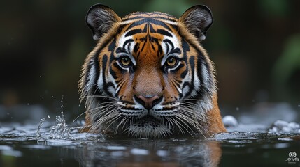 Fototapeta premium A majestic tiger is swimming in clear water, its head partially submerged. Vivid orange and black stripes contrast with the green surroundings, showcasing the animal's calm yet powerful demeanor