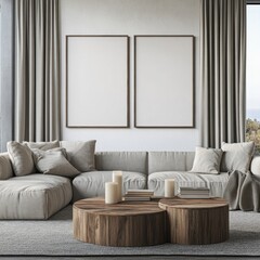 Fototapeta premium A living room with a couch, coffee table, and two empty picture frames. The couch is white and the coffee table is made of wood