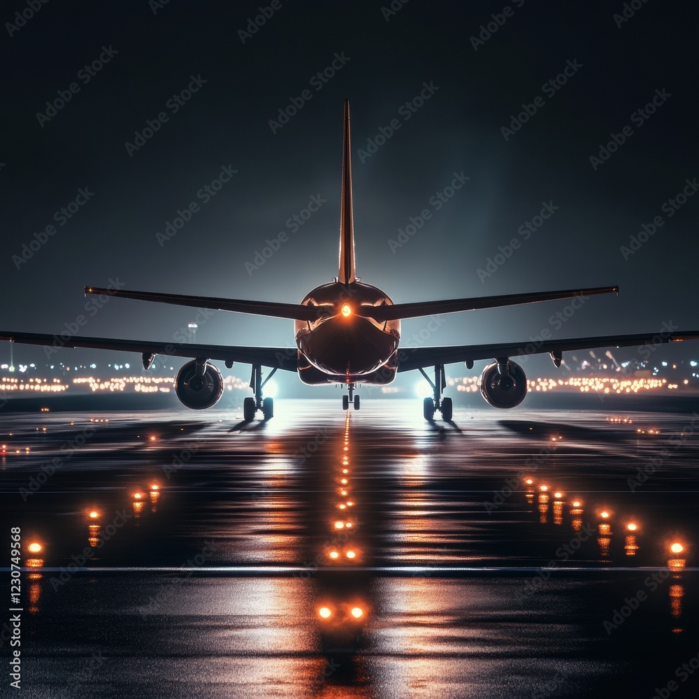 Aufkleber illuminated runway with airplane ready for takeoff at night surrounded by navigation lights. generat