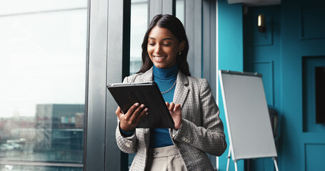 Smile, tablet and research with business woman in office for workshop coordinator, reading or...