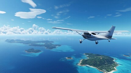 Fototapeta premium Gliding airplane over serene blue ocean with small islands beneath in clear weather. Generative AI