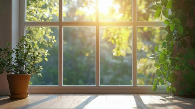 Sunlit room with vibrant greenery through large window panes at golden hour