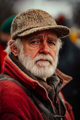 A man with a white beard wearing a hat and scarf