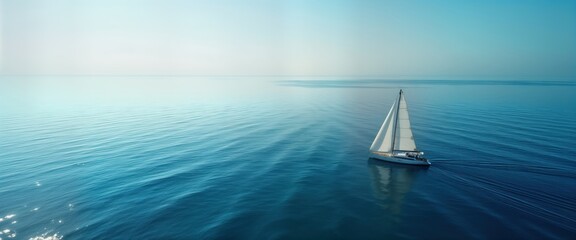 Obraz premium Sailboat glides across calm blue sea. White sails fill with wind. Tranquil scene. Ocean stretches to horizon. Peaceful travel. Scenic journey. Relaxing view. Summer day. Aquatic exploration. Water