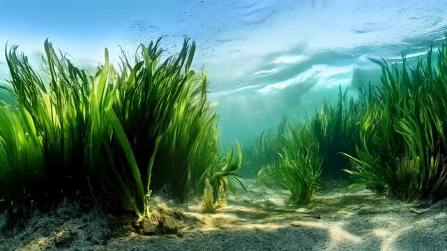 Sunlit underwater seagrass dance with sunray and water flow dynamics