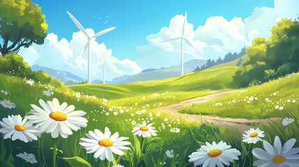 Wind generators on a beautiful daisy field and green meadows. green energy concept. Electric Meadow. Illustration