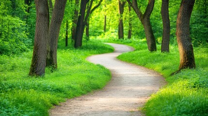 Obraz premium Beautiful summer landscape with a foggy meadow, trees, and a road in the morning light. 