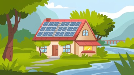 A charming cartoon-style house with solar panels surrounded by lush greenery and a serene river, showcasing a sustainable lifestyle.