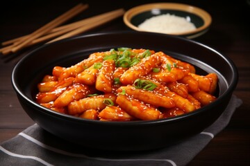 Korean dish tteokbokki. Rice dumplings in a spicy tomato sauce and gochujang soybean paste