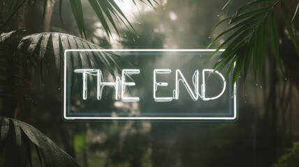 A glowing neon sign reading 'THE END' suspended in a lush, green tropical setting, creating a moody and serene atmosphere.