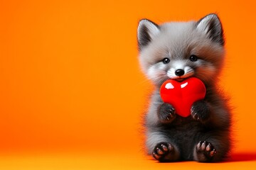 Obraz premium Arctic fox - my beloved animal. Cute arctic fox baby with furry friend toy red heart - emblem of love, funny greeting card. Marketing creative. Ad visual idea. Romantic animal moments.