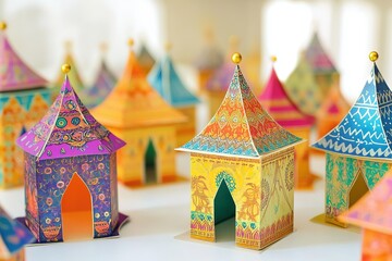 Fototapeta premium A design of a colorful patterned invitation or greeting card Miniature Ramadan tents as centerpieces