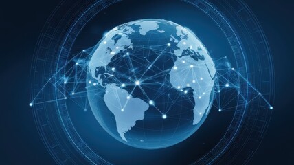Naklejka premium A futuristic digital globe showcasing global connectivity with glowing lines and nodes against a dark blue background.