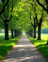 Obraz premium Serene pathway in rich green park. Tall trees line paved path. Soft sunlight casts shadows. Peaceful, tranquil. Outdoor recreation. Sunny spring day. Ideal for relaxation leisurely stroll. City park