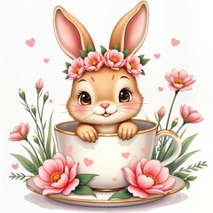Cute cartoon bunny sits inside teacup decorated with flowers. Springtime, Easter theme. Bunny wears flower crown. Watercolor illustration style. Perfect for greeting cards prints. Adorable bunny
