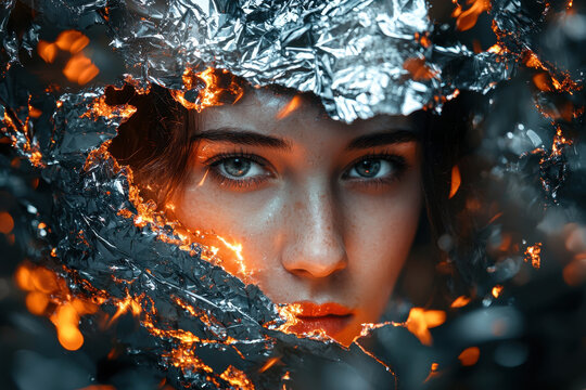 Woman’s intense gaze through a metallic foil with glowing embers