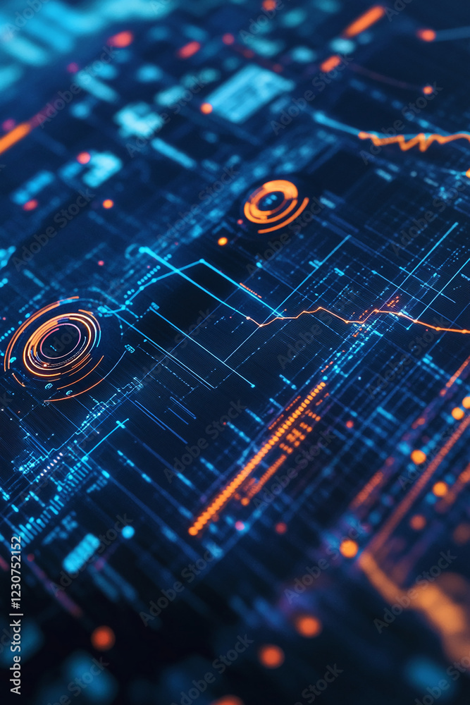 Poster Close-up view of a futuristic digital data interface with glowing orange and blue elements, representing a modern technology concept with data analysis and visualization.