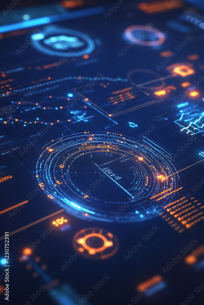Poster Close-up of a futuristic digital data visualization interface with glowing neon elements and graphs. This image showcases advanced technology used for data analysis and analysis tools.