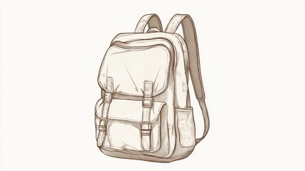 Hand-drawn illustration of a beige backpack with multiple pockets and adjustable straps.