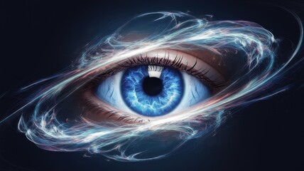 Naklejka premium A mesmerizing close-up of a human eye featuring vibrant blue iris surrounded by ethereal swirling patterns of light and energy, evoking a sense of wonder.