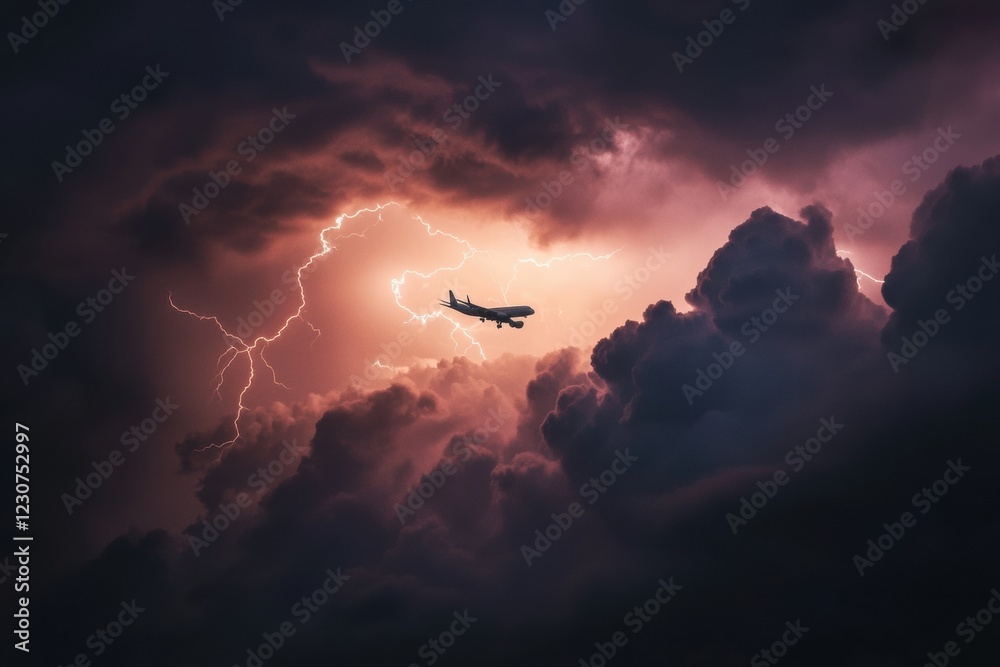 Poster Airplane navigates through turbulent storm clouds with dramatic flashes of lightning overhead. Generative AI