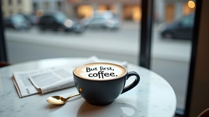 A minimalistic café setting with a cup of cappuccino featuring "But first, coffee." in bold foam typography. Sleek, modern vibes with marble table and cityscape in soft blur.