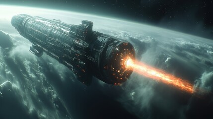 Firing energy beam from spaceship in orbit science fiction scene outer space environment dramatic viewpoint
