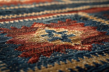 Fototapeta premium Close-up view of a richly textured carpet with intricate, multicolored patterns.