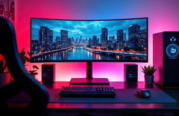 Modern gaming setup features vibrant pink, blue lighting. Curved monitor displays city skyline scene. Keyboard, mouse, speakers strategically placed on dark desk. Gaming chair visible, contributing