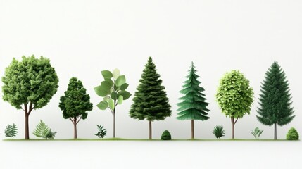 Fototapeta premium Variety of Green Trees and Plants Standing in a Row Displaying Different Shapes and Textures Against a Light Background