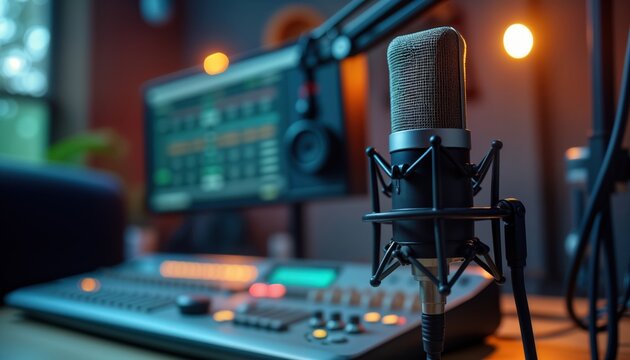 Pro radio studio with modern microphone. Equipment, soundproofing ideal for live radio podcast recording. Radio presenter host likely in use of gear. Sounds, audio production clearly important. Tech