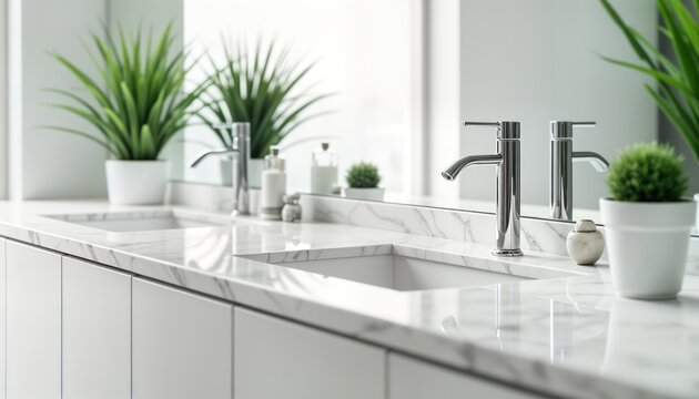 Modern white bathroom interior with undermount washbasin, faucet on white marble counter. Minimalist design. Two sinks, stylish chrome faucets set on gleaming marble countertop. White cabinets,