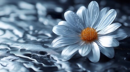 A white flower with a yellow center is floating on a body of water