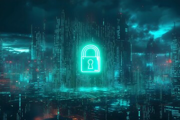 Futuristic Digital Security Lock with Neon Lights - Cybersecurity and Data Protection Concept Background in a Vibrant Virtual Tunnel