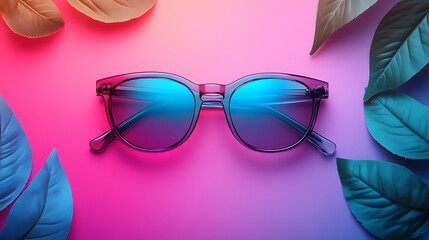 Vibrant and colorful glasses placed on an abstract background, with a pink gradient in the upper left corner and blue gradients at both sides