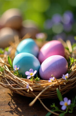 Beautifully painted Easter eggs in soft pastel colors