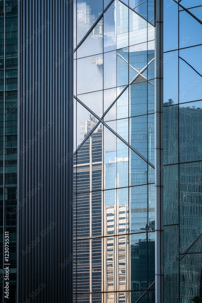 Poster a close-up view of modern office building glass facades reflecting the surrounding city, showcasing 