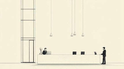 Minimalist office reception area with two business people.