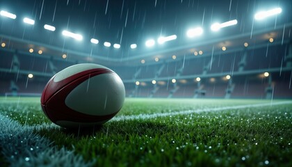 Rainy night rugby ball on wet grass in stadium. Empty stadium filled with rain. Sport equipment on field. Night sport action. Competitive game setting. Recreation. Outdoor activity. Pro level. Focus
